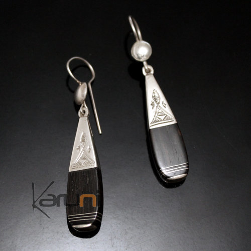 Bijoux Ethniques Touareg Boucles d'Oreilles en Argent et Ebne 09 Goutte Grave