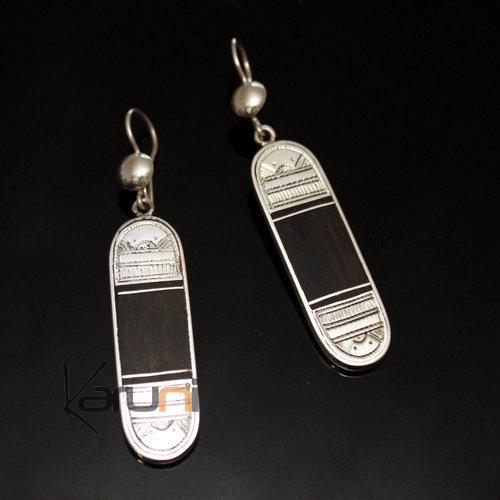 Bijoux Ethniques Touareg Boucles d'Oreilles en Argent et Ebne 40 Cartouche Graves