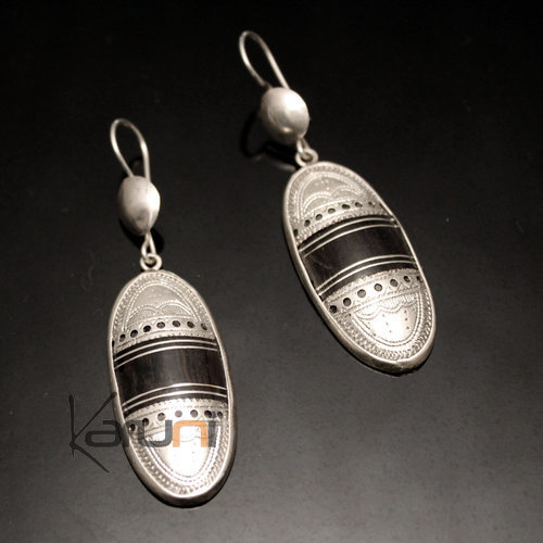 Bijoux Ethniques Touareg Boucles d'Oreilles en Argent et Ebne 41 Long Ovale Graves