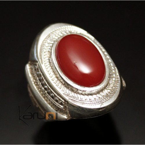 Bijoux Touareg Ethniques Bague en Argent et Agate Rouge 32 Chevalire Ovale