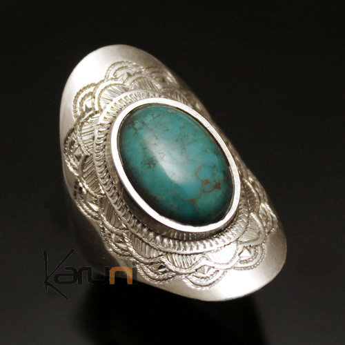 Bague en Argent Navette Gravée 50 Pierre Turquoise