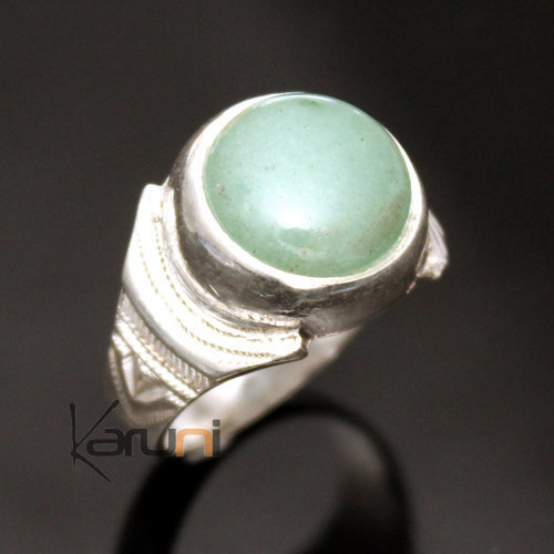 Bijoux Touareg Ethniques Bague en Argent Homme/Femme Chevalire Ronde 51 Jade Vert