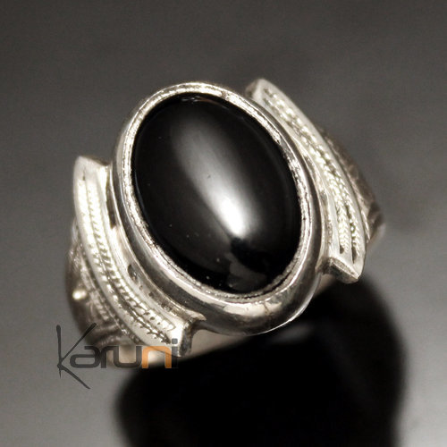 Bijoux Touareg Ethniques Bague en Argent Homme/Femme Chevalire Ovale 52 Pierre Onyx Noir b