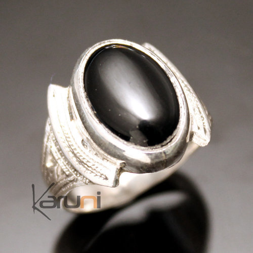 Bague en Argent Homme/Femme Chevalière Ovale 52 Pierre Onyx Noir