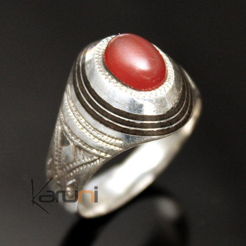 Bijoux Touareg Ethniques Bague en Argent et Agate Rouge 41 Chevalire Ovale