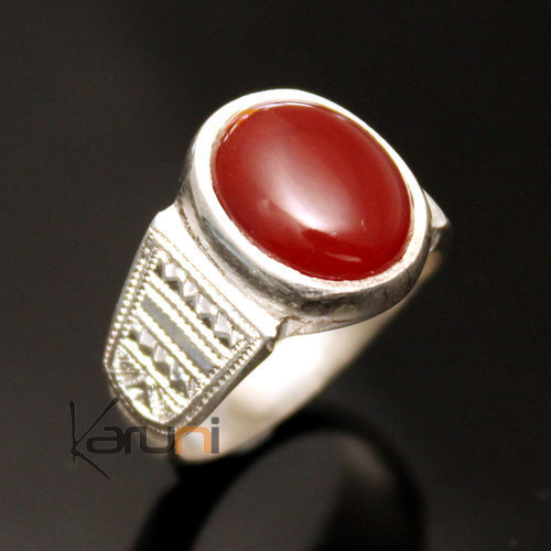 Bijoux Touareg Ethniques Bague en Argent et Cornaline Rouge 03 Chevalire Ovale