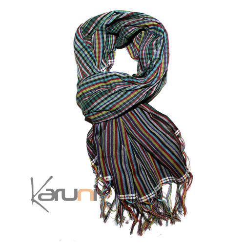 Krama Cheche Foulard Echarpe Coton Homme/Femme Cambodge Bassac Petits Carreaux Vert/Bleu Turquoise/Rouge 125x50 cm