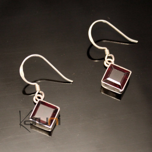 Bijoux Ethniques Indiens Boucles d'oreilles en Argent 925 43 Petit Losange Grenat Rouge Npal