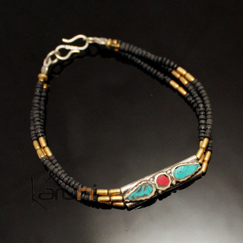 Bijoux Indiens Ethniques Bracelet en Plaqué Argent Large 3 Rangs Perles Fines Népal 04 Noir Turquoise Racine de Corail