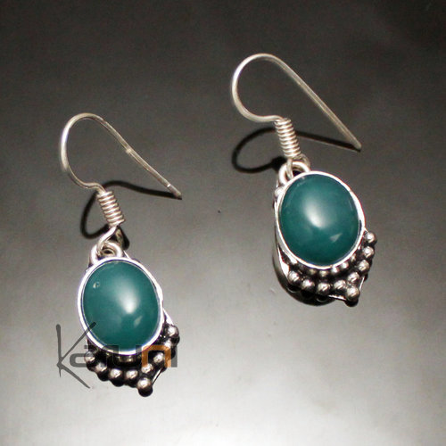 Bijoux Ethniques Indiens Boucles d'oreilles en Plaqu Argent et Pierre 14 Agate Verte Inde