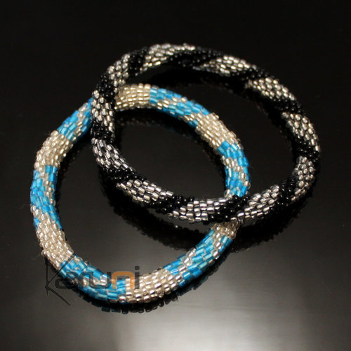 de 2 Bracelets Roll-On en Perles Crochet  Femme/Enfant 04 Bleu Ciel/Noir Argent