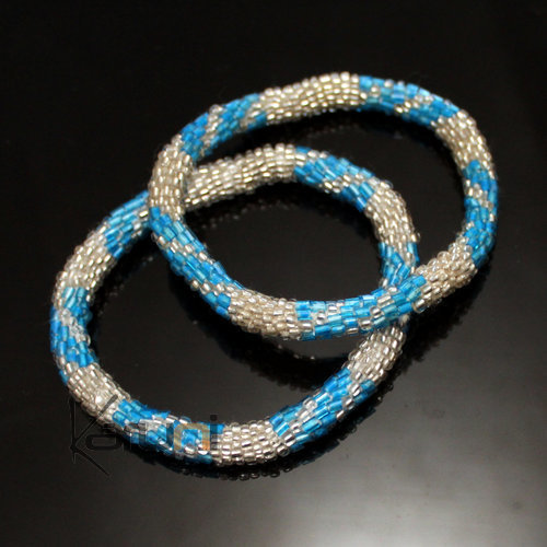 Bijoux Ethniques Artisanaux Set de 2 Bracelets Roll-On en Perles Crochet Npal Femme/Enfant 09 Bleu Ciel/Blanc