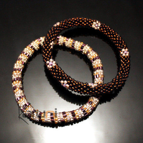 Bijoux Ethniques Artisanaux Set de 2 Bracelets Roll-On en Perles Crochet Népal Femme/Enfant 12 Rose/Marron Glacé