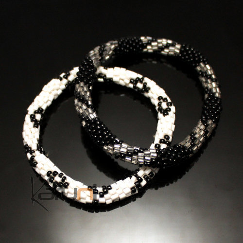 de 2 Bracelets Roll-On en Perles Crochet  Femme/Enfant 17 Noir/Blanc