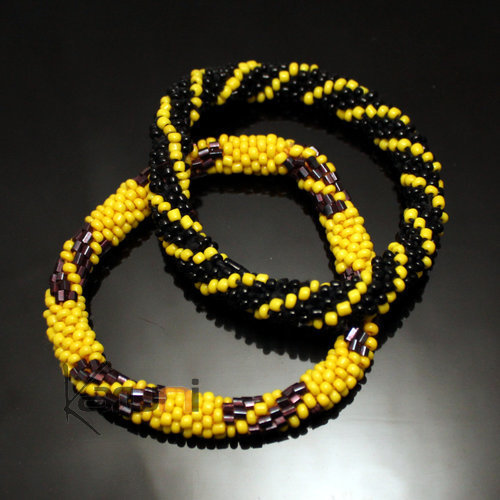 Bijoux Ethniques Artisanaux Set de 2 Bracelets Roll-On en Perles Crochet Npal Femme/Enfant 32 Noir/Jaune