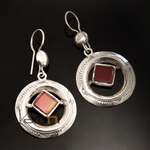 Bijoux Touareg Ethniques Boucles d'Oreilles en Argent et Pierre 08 Rond Creux Agate Rouge