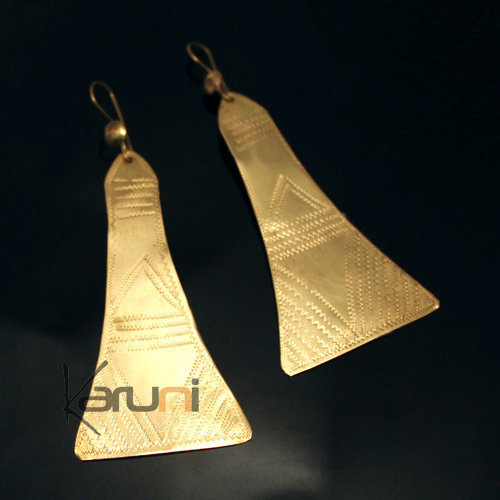 Bijoux Ethniques Africains Boucles d'Oreilles Peul Fulani Mali 122T Bronze Dor Pendant Triange Grav