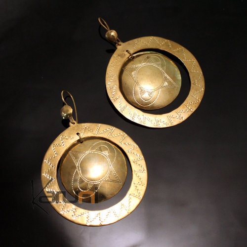 Bijoux Ethniques Africains Boucles d'Oreilles Peul Fulani Mali 124T Bronze Dor Double Rond Grav