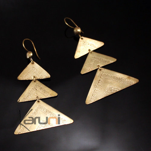 Boucles d'Oreilles Peul Fulani Mali 125T Bronze Doré Pendant 3 Triangles Gravés