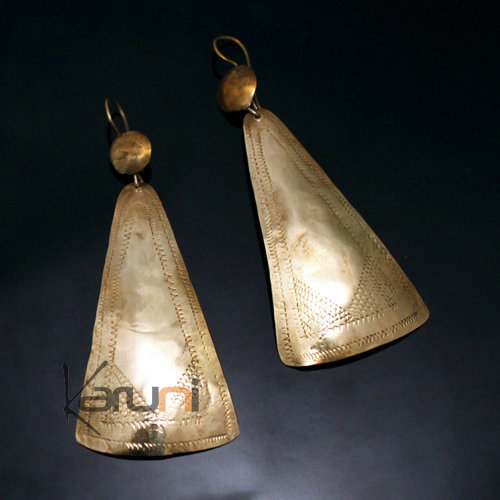Bijoux Ethniques Africains Boucles d'Oreilles Peul Fulani Mali 100AT Bronze Doré Feuille Longue Plate Triangle Attache Gravé