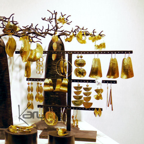 Bijoux Ethniques Africains Boucles d'Oreilles Peul Fulani Mali 100T Bronze Doré Feuille Longue Plate Triangle Gravé b