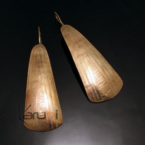 Boucles d'Oreilles Peul Fulani Mali 100T Bronze Doré Feuille Longue Plate Triangle Gravé