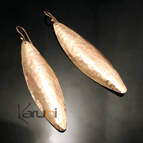 Boucles d'Oreilles Peul Fulani Mali 136 Bronze Doré Grandes Feuilles Martelées