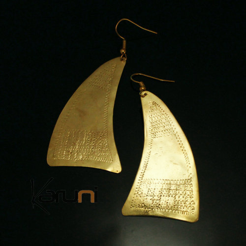 Bijoux Ethniques Africains Boucles d'Oreilles Peul Fulani Mali 126T Bronze Doré Triangle Vague Gravé