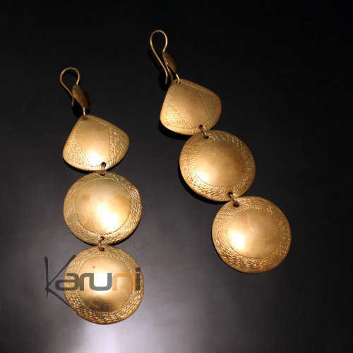 Boucles d'Oreilles Peul Fulani Mali 115T Bronze Doré 3 Pétales Gravés