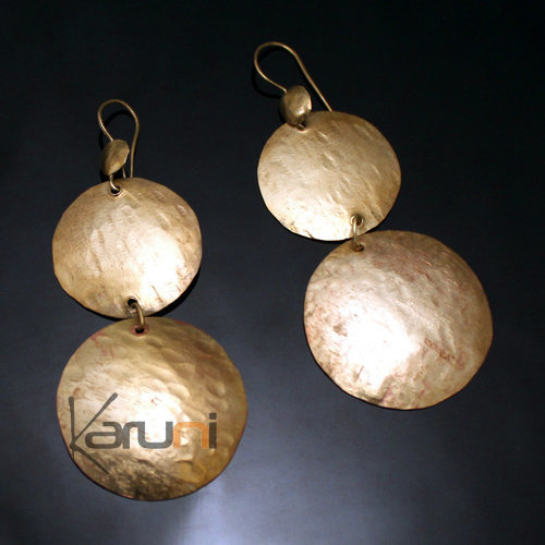 Boucles d'Oreilles Peul Fulani Mali 42 Bronze Doré Pendant Deux Ronds