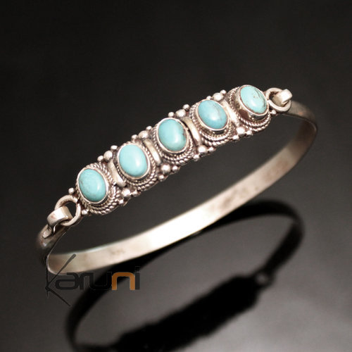 Bracelet en Argent Massif 925 Nepal 35 Jonc Attache 5 Pierres Turquoise Filigranes Newari