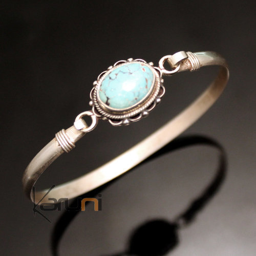 Bracelet en Argent Massif 925 Nepal 39 Jonc Attache Turquoise Filigranes Newari