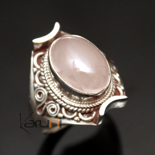 Bague Chevalière Argent Massif 925 Nepal 1009 Quartz Rose Filigranes