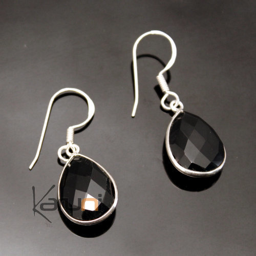 Boucles d'Oreilles en Argent 925 Pierres Fines 01 Facettes Goutte Onyx Noir