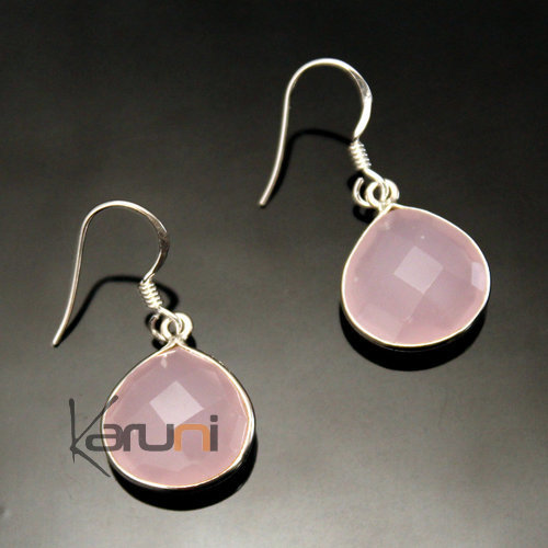 Bijoux Indiens Ethniques Boucles d'Oreilles en Argent 925 Pierres Fines 03 Goutte Facettes Quartz Rose