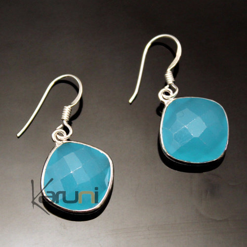 Boucles d'Oreilles en Argent 925 Pierres Fines 04 Goutte Losange Facettes Agate Bleu Clair