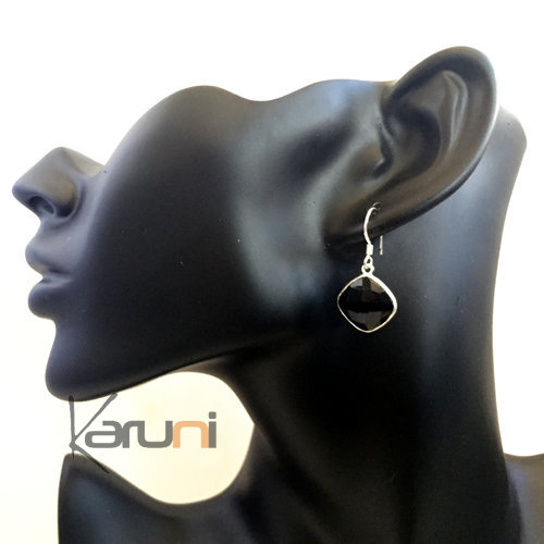 Boucles d'Oreilles en Argent 925 Pierres Fines 04 Goutte Losange Facettes Onyx Noir