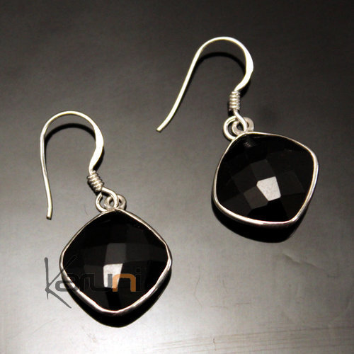 Boucles d'Oreilles en Argent 925 Pierres Fines 04 Goutte Losange Facettes Onyx Noir