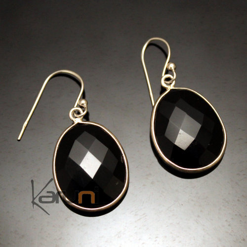 Bijoux Indiens Ethniques Boucles d'Oreilles en Argent 925 Pierres Fines 07 Goutte Ovale Facettes Onyx Noir