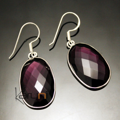 Bijoux Indiens Ethniques Boucles d'Oreilles en Argent 925 Pierres Fines 21 Grande Goutte Facettes Amthyste Violet