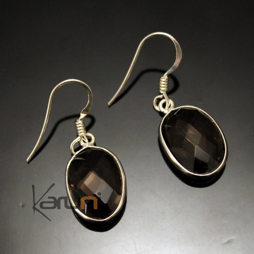 Bijoux Indiens Ethniques Boucles d'Oreilles en Argent 925 Pierres Fines 05 Goutte Ovale Facettes Quartz Fum