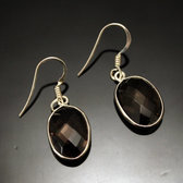 Bijoux Indiens Ethniques Boucles d'Oreilles en Argent 925 Pierres Fines 05 Goutte Ovale Facettes Quartz Fum