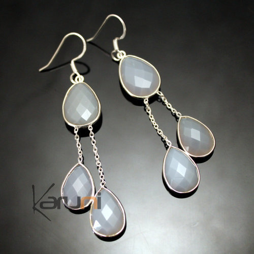 Bijoux Indiens Ethniques Boucles d'Oreilles en Argent 925 Pierres Fines 27 Gouttes Facettes Agate Irise