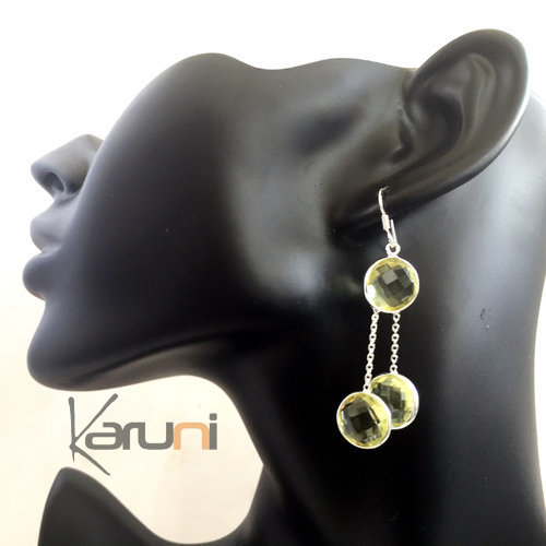 Bijoux Indiens Ethniques Boucles d'Oreilles en Argent 925 Pierres Fines 28 Gouttes Rondes Facettes Citrine Jaune b