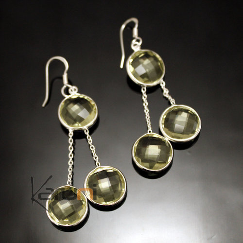 Bijoux Indiens Ethniques Boucles d'Oreilles en Argent 925 Pierres Fines 28 Gouttes Rondes Facettes Citrine Jaune