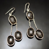Bijoux Indiens Ethniques Boucles d'Oreilles en Argent 925 Pierres Fines 29 Gouttes Ovales Facettes Quartz Fum