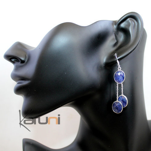 Bijoux Indiens Ethniques Boucles d'Oreilles en Argent 925 Pierres Fines 30 Gouttes Ovales Facettes Lapis-Lazuli b