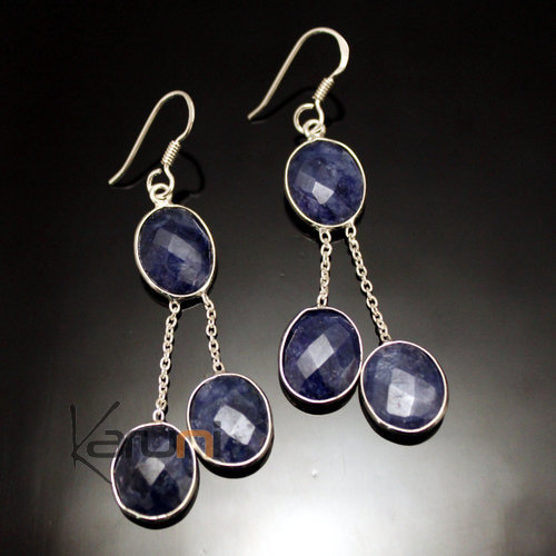 Boucles d'Oreilles en Argent 925 Pierres Fines 30 Gouttes Ovales Facettes Lapis-Lazuli