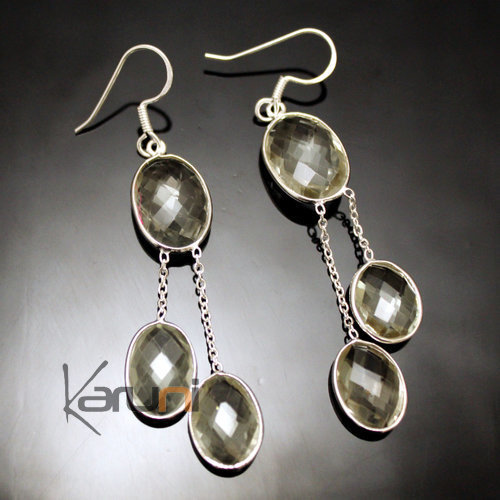 Bijoux Indiens Ethniques Boucles d'Oreilles en Argent 925 Pierres Fines 31 Gouttes Ovales Facettes Beryl