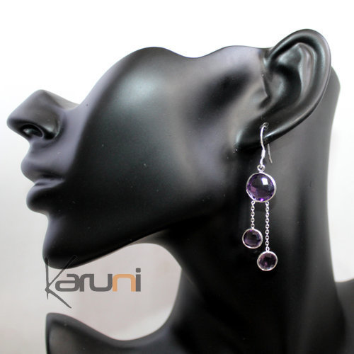 Boucles d'Oreilles en Argent 925 Pierres Fines 33 Gouttes Rondes Facettes Améthyste Violet